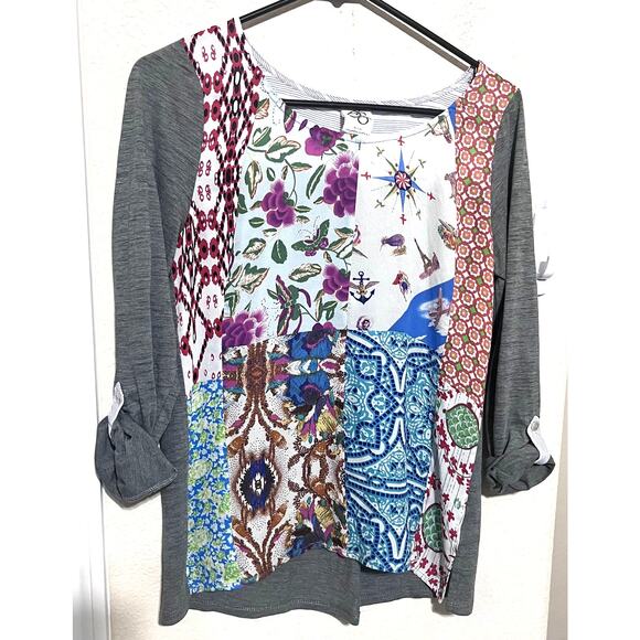 One September Anthropologie Milieu Top patchwork shirt sz S knit mixed media - Picture 1 of 8